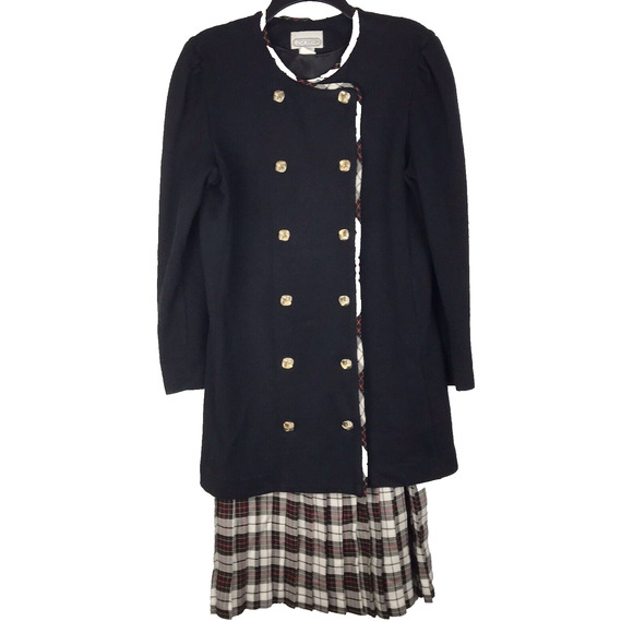 Vintage Liz Roberts Long Line Cardigan Dress Set Black Red Plaid Size 8 FLAW - Picture 1 of 9